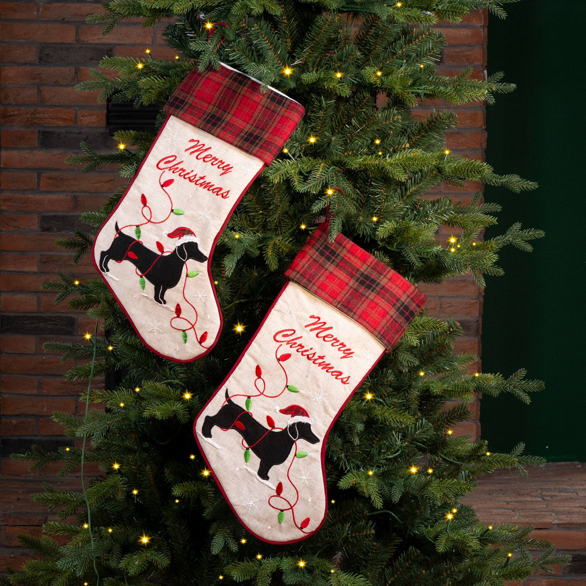 Glitzhome® 21" Merry Christmas Dachshund Stocking, Set Of 2
